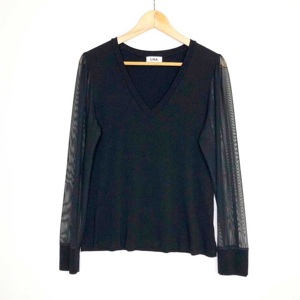LNA Black V-neck, sheer long sleeve top